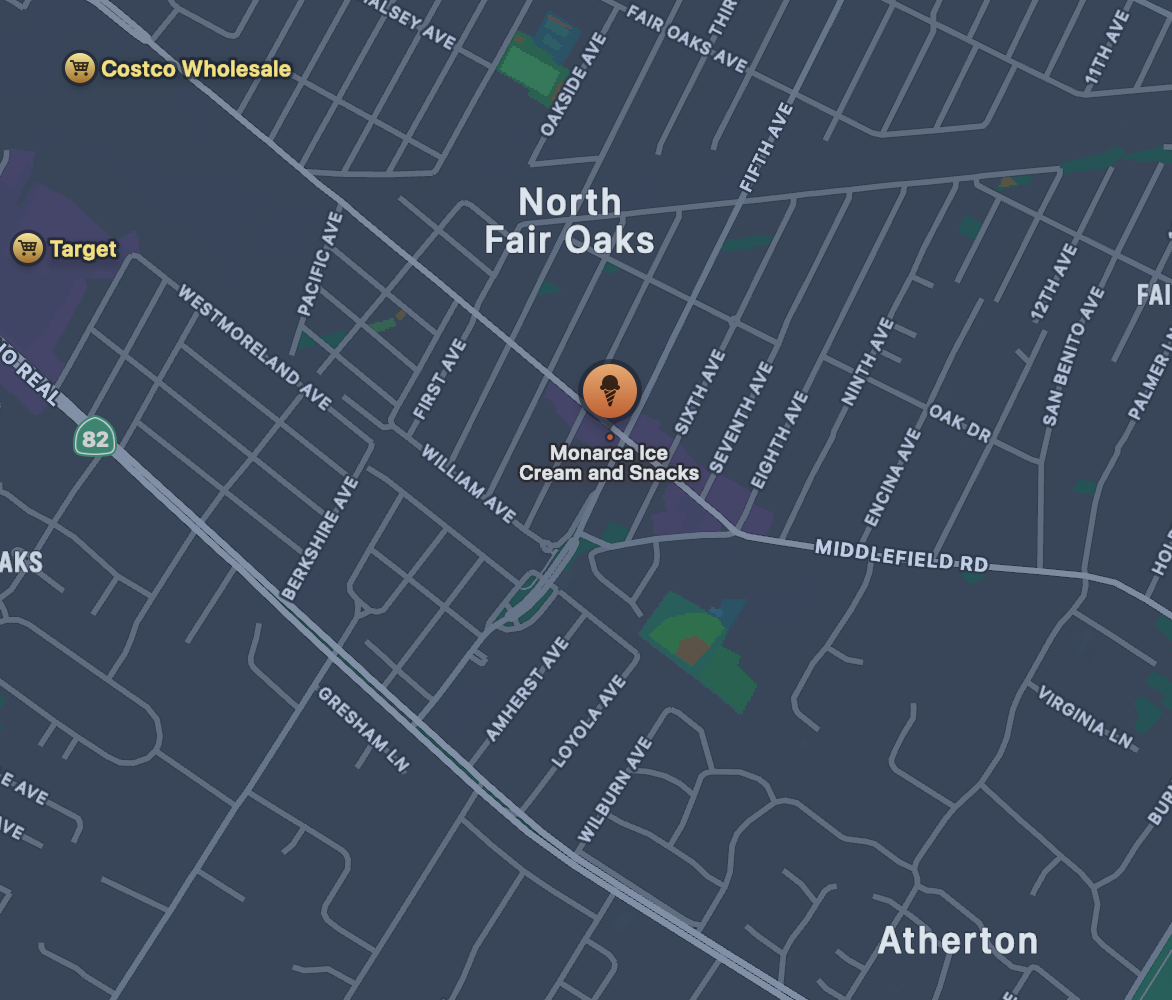 Map showing Monarca Ice Cream & Snacks location in Redwood City